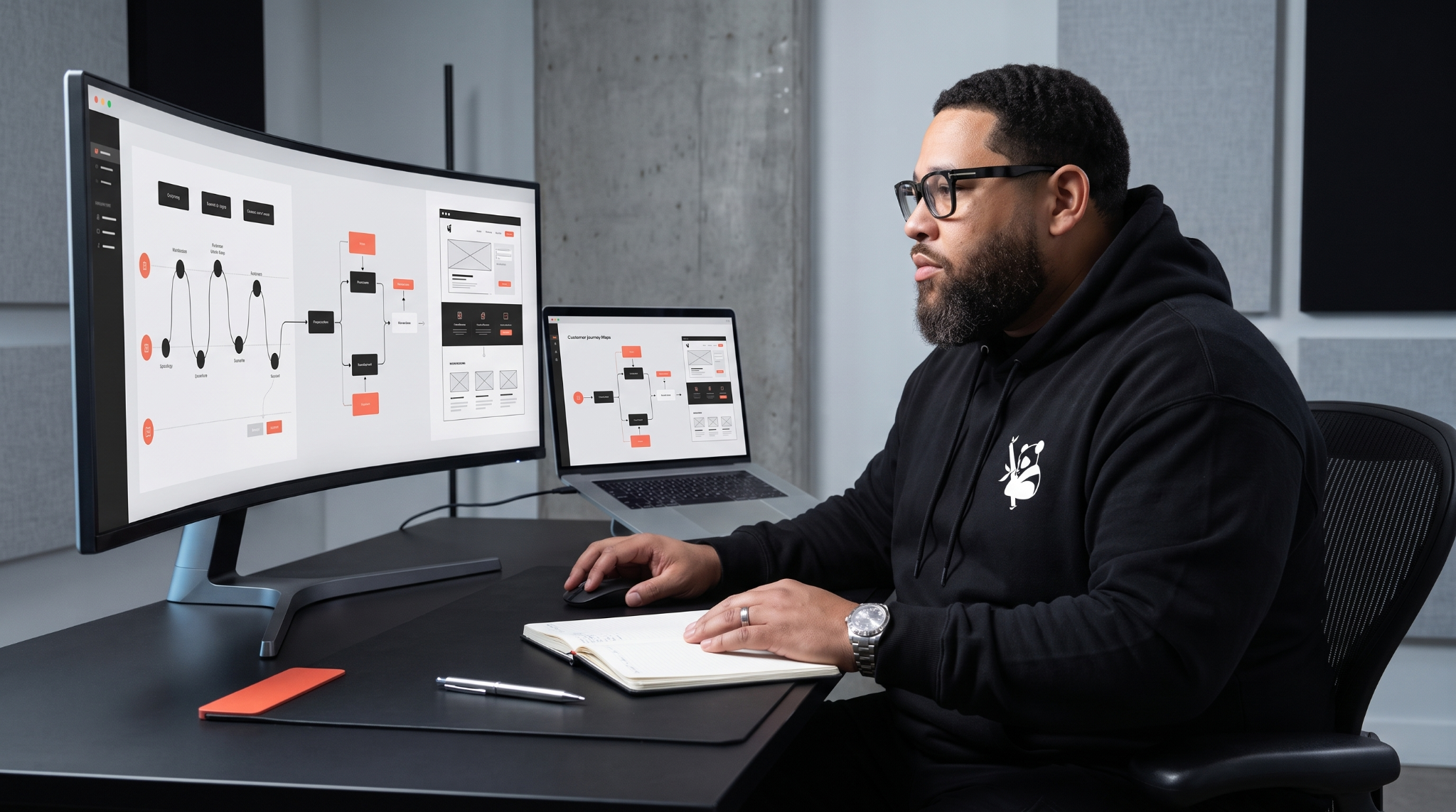 Charles Digital reviewing a customer journey and page designs at a workstation