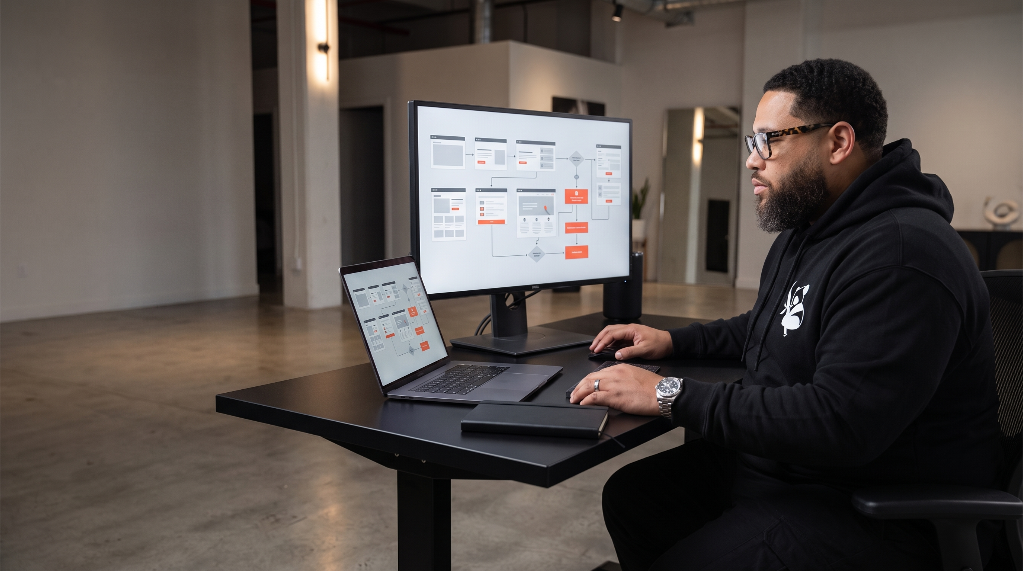 Charles reviewing a connected customer journey at his workstation